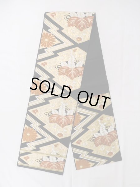 画像1: L1006A 袋帯 女性用着物 シルク（正絹）   黒 菊 【中古】 【USED】 【リサイクル】 ★★★★☆ (1)