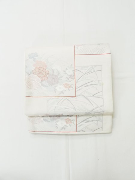 画像2: L1012G 袋帯 女性用着物 シルク(正絹)   オフ ホワイト ぼたん 【中古】 【USED】 【リサイクル】 ★★☆☆☆ (2)