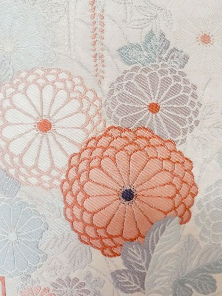 画像5: L1012G 袋帯 女性用着物 シルク(正絹)   オフ ホワイト ぼたん 【中古】 【USED】 【リサイクル】 ★★☆☆☆ (5)