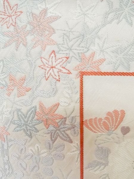 画像6: L1012G 袋帯 女性用着物 シルク(正絹)   オフ ホワイト ぼたん 【中古】 【USED】 【リサイクル】 ★★☆☆☆ (6)