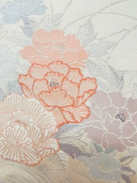画像7: L1012G 袋帯 女性用着物 シルク(正絹)   オフ ホワイト ぼたん 【中古】 【USED】 【リサイクル】 ★★☆☆☆ (7)