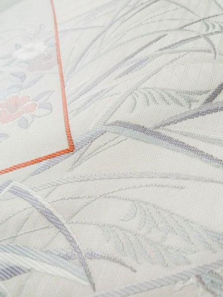 画像8: L1012G 袋帯 女性用着物 シルク(正絹)   オフ ホワイト ぼたん 【中古】 【USED】 【リサイクル】 ★★☆☆☆ (8)