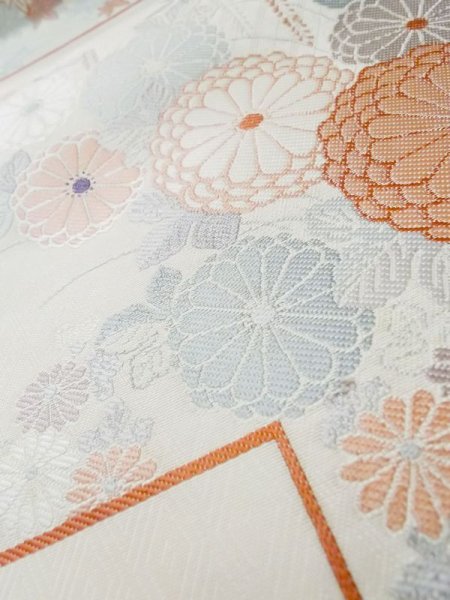 画像10: L1012G 袋帯 女性用着物 シルク(正絹)   オフ ホワイト ぼたん 【中古】 【USED】 【リサイクル】 ★★☆☆☆ (10)
