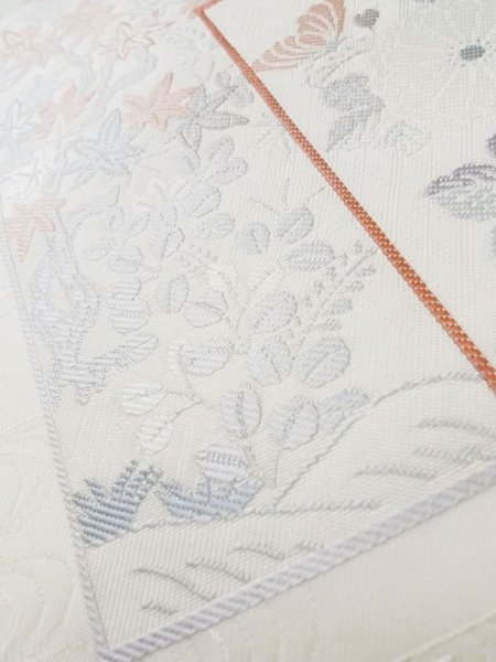 画像11: L1012G 袋帯 女性用着物 シルク(正絹)   オフ ホワイト ぼたん 【中古】 【USED】 【リサイクル】 ★★☆☆☆ (11)