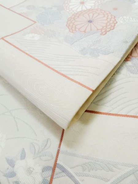 画像12: L1012G 袋帯 女性用着物 シルク(正絹)   オフ ホワイト ぼたん 【中古】 【USED】 【リサイクル】 ★★☆☆☆ (12)