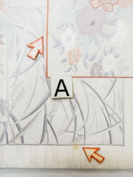 画像13: L1012G 袋帯 女性用着物 シルク(正絹)   オフ ホワイト ぼたん 【中古】 【USED】 【リサイクル】 ★★☆☆☆ (13)