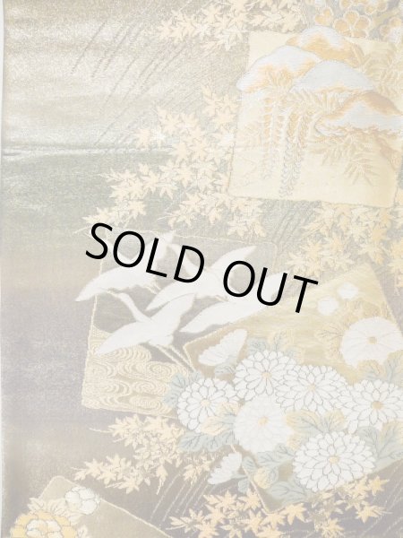 画像4: L1013D 袋帯 女性用着物 シルク(正絹)  光沢のある オリーブ ぼたん 【中古】 【USED】 【リサイクル】 ★★★★☆ (4)