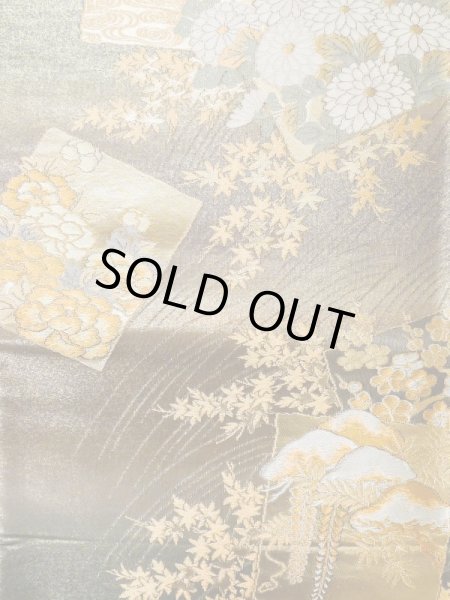 画像5: L1013D 袋帯 女性用着物 シルク(正絹)  光沢のある オリーブ ぼたん 【中古】 【USED】 【リサイクル】 ★★★★☆ (5)