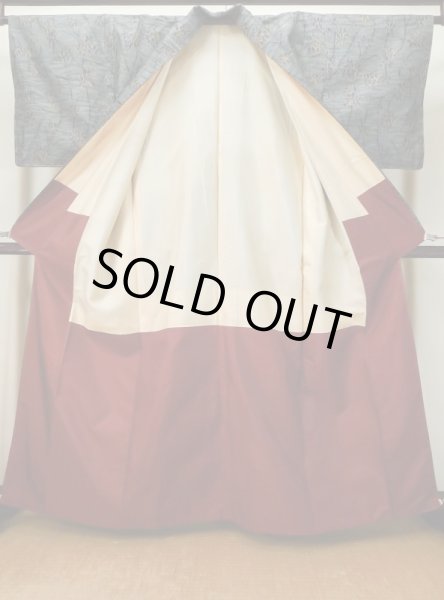 画像2: L1019A  紬 女性用着物  シルク(正絹) 淡い 深い 緑色, 花 深い【中古】 【USED】 【リサイクル】 ★★★★☆ (2)