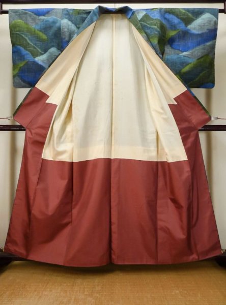 画像2: L1019E  紬 女性用着物  シルク(正絹)  淡い 青, 抽象的模様 淡い【中古】 【USED】 【リサイクル】 ★★★☆☆ (2)