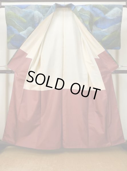 画像2: L1019E  紬 女性用着物  シルク（正絹）  淡い 青, 抽象的模様 淡い【中古】 【USED】 【リサイクル】 ★★★☆☆ (2)