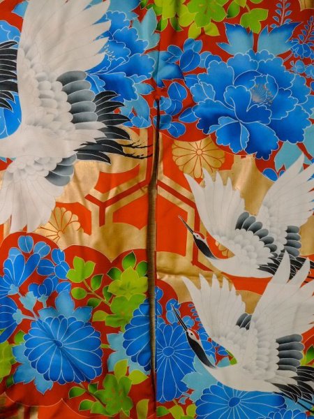 画像6: L1124D  打掛 女性用着物  シルク(正絹)   橙色, ぼたん 【中古】 【USED】 【リサイクル】 ★★★☆☆ (6)