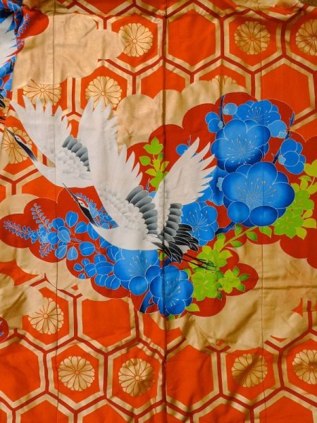 画像8: L1124D  打掛 女性用着物  シルク(正絹)   橙色, ぼたん 【中古】 【USED】 【リサイクル】 ★★★☆☆ (8)