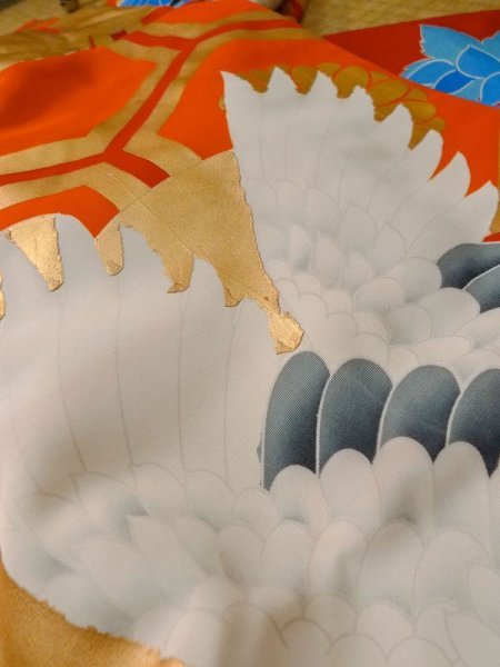 画像16: L1124D  打掛 女性用着物  シルク(正絹)   橙色, ぼたん 【中古】 【USED】 【リサイクル】 ★★★☆☆ (16)