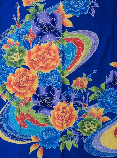画像6: L1124N  掛下 女性用着物  化繊   青, バラ 【中古】 【USED】 【リサイクル】 ★☆☆☆☆ (6)