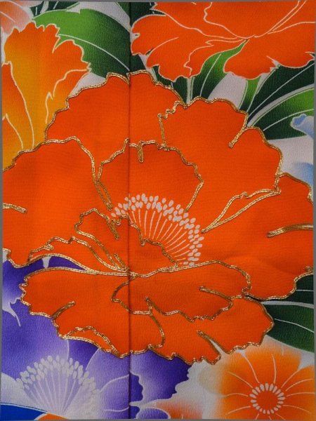 画像8: L1124O  掛下 女性用着物  化繊   青, ぼたん 【中古】 【USED】 【リサイクル】 ★★★☆☆ (8)