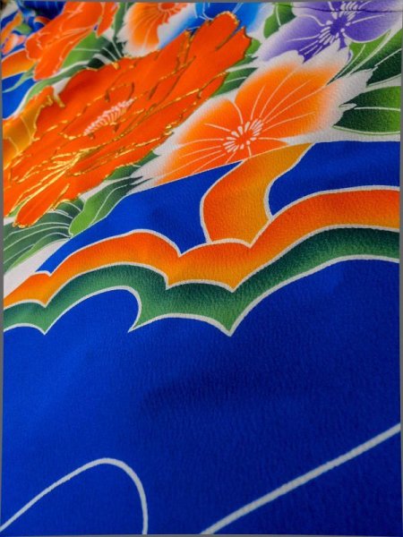 画像15: L1124O  掛下 女性用着物  化繊   青, ぼたん 【中古】 【USED】 【リサイクル】 ★★★☆☆ (15)