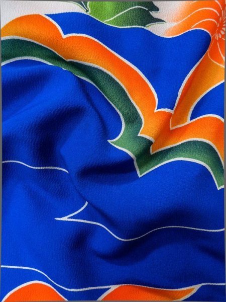 画像19: L1124O  掛下 女性用着物  化繊   青, ぼたん 【中古】 【USED】 【リサイクル】 ★★★☆☆ (19)