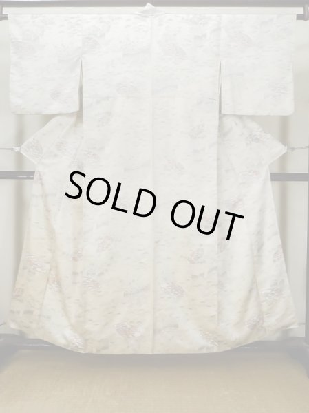 画像1: L1201B  小紋 女性用着物 竹垣柄 シルク（正絹）  光沢のある オフ　ホワイト, 菊 【中古】 【USED】 【リサイクル】 ★★☆☆☆ (1)