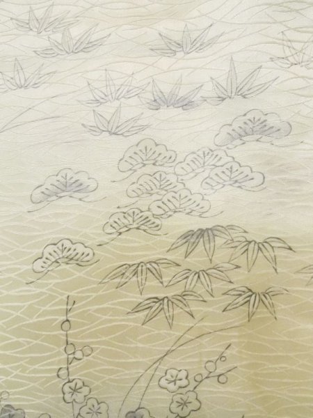 画像6: L1201B  小紋 女性用着物 竹垣柄 シルク(正絹)  光沢のある オフ ホワイト, 菊 【中古】 【USED】 【リサイクル】 ★★☆☆☆ (6)