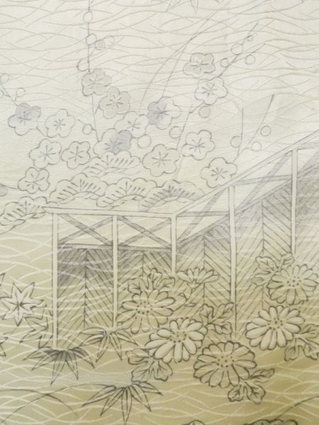 画像7: L1201B  小紋 女性用着物 竹垣柄 シルク(正絹)  光沢のある オフ ホワイト, 菊 【中古】 【USED】 【リサイクル】 ★★☆☆☆ (7)