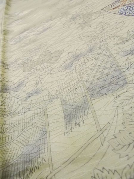 画像9: L1201B  小紋 女性用着物 竹垣柄 シルク(正絹)  光沢のある オフ ホワイト, 菊 【中古】 【USED】 【リサイクル】 ★★☆☆☆ (9)