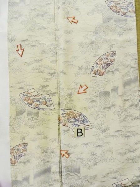 画像15: L1201B  小紋 女性用着物 竹垣柄 シルク(正絹)  光沢のある オフ ホワイト, 菊 【中古】 【USED】 【リサイクル】 ★★☆☆☆ (15)