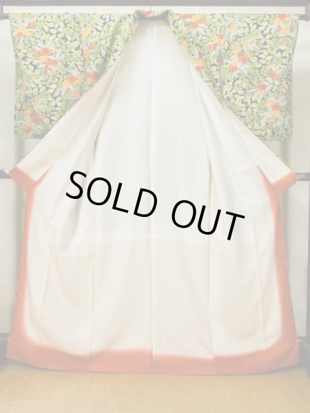 画像2: L1201G Mint  小紋 女性用着物  シルク(正絹)   黒, 桜 【中古】 【USED】 【リサイクル】 ★★★★☆ (2)