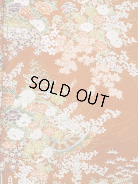 画像3: L1201K Mint  小紋 女性用着物 水車、竹垣柄 シルク(正絹)   橙色, ぼたん 【中古】 【USED】 【リサイクル】 ★★★★☆ (3)