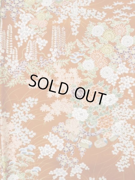 画像4: L1201K Mint  小紋 女性用着物 水車、竹垣柄 シルク(正絹)   橙色, ぼたん 【中古】 【USED】 【リサイクル】 ★★★★☆ (4)