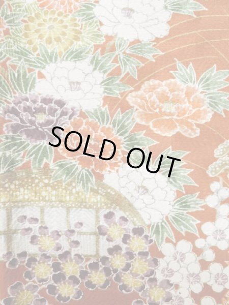 画像5: L1201K Mint  小紋 女性用着物 水車、竹垣柄 シルク(正絹)   橙色, ぼたん 【中古】 【USED】 【リサイクル】 ★★★★☆ (5)