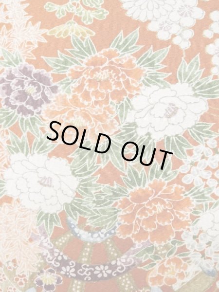 画像6: L1201K Mint  小紋 女性用着物 水車、竹垣柄 シルク(正絹)   橙色, ぼたん 【中古】 【USED】 【リサイクル】 ★★★★☆ (6)