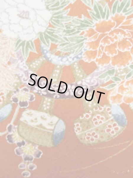 画像7: L1201K Mint  小紋 女性用着物 水車、竹垣柄 シルク(正絹)   橙色, ぼたん 【中古】 【USED】 【リサイクル】 ★★★★☆ (7)