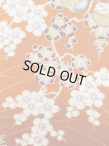 画像8: L1201K Mint  小紋 女性用着物 水車、竹垣柄 シルク(正絹)   橙色, ぼたん 【中古】 【USED】 【リサイクル】 ★★★★☆ (8)