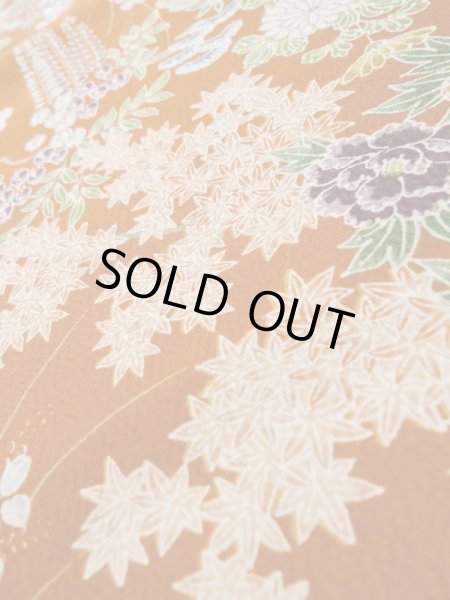 画像9: L1201K Mint  小紋 女性用着物 水車、竹垣柄 シルク(正絹)   橙色, ぼたん 【中古】 【USED】 【リサイクル】 ★★★★☆ (9)