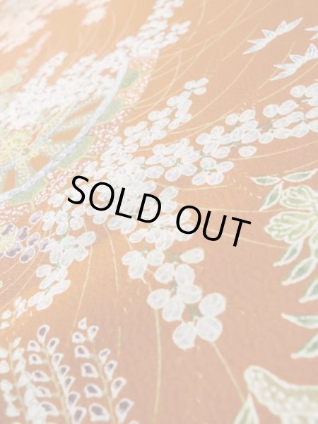 画像10: L1201K Mint  小紋 女性用着物 水車、竹垣柄 シルク(正絹)   橙色, ぼたん 【中古】 【USED】 【リサイクル】 ★★★★☆ (10)