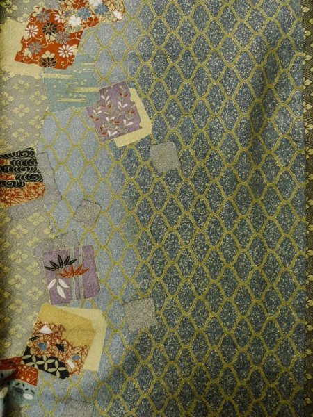 画像4: L1201N  小紋 女性用着物  化繊   オリーブ, 桜 【中古】 【USED】 【リサイクル】 ★★★☆☆ (4)