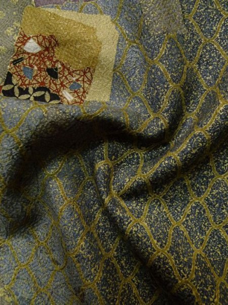 画像12: L1201N  小紋 女性用着物  化繊   オリーブ, 桜 【中古】 【USED】 【リサイクル】 ★★★☆☆ (12)