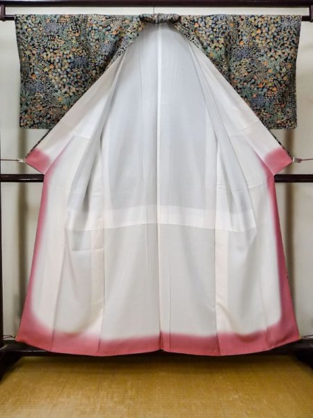 画像2: L1201X Mint  小紋 女性用着物 撫子柄 シルク(正絹)   黒, 花 【中古】 【USED】 【リサイクル】 ★★★★★ (2)