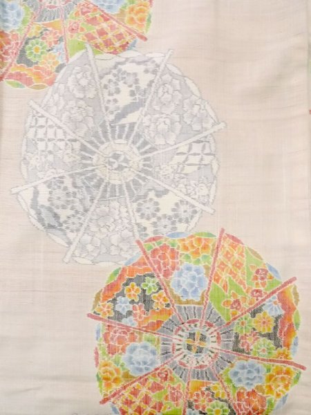 画像3: L1220K  単衣 女性用着物 水車柄 シルク(正絹) 淡い 薄い 桃色, 花 【中古】 【USED】 【リサイクル】 ★★☆☆☆ (3)