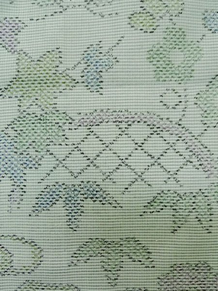 画像5: L1220S  単衣 女性用着物 竹垣柄 シルク(正絹) 淡い 薄い 黄緑色, 花 【中古】 【USED】 【リサイクル】 ★★☆☆☆ (5)