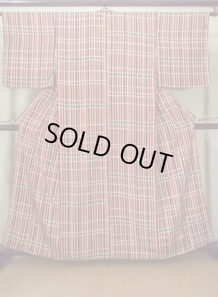 画像1: M0131F  小紋 女性用着物  化繊   白, 線 【中古】 【USED】 【リサイクル】 ★★☆☆☆ (1)