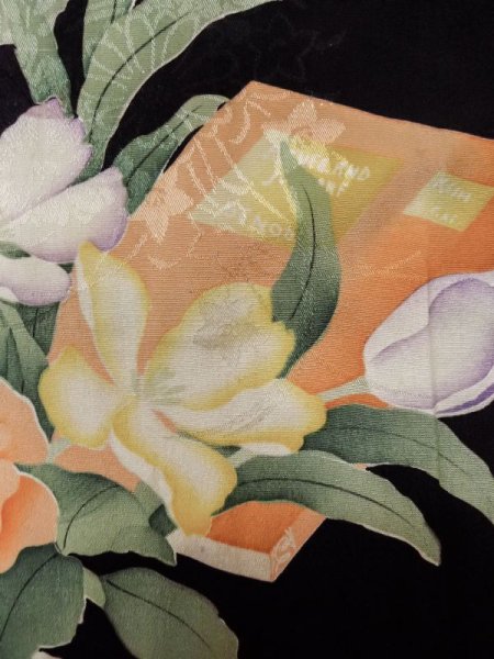 画像7: M0307A  小紋 女性用着物 地紋:竹垣柄、柄:本 シルク(正絹)   黒, 花 【中古】 【USED】 【リサイクル】 ★☆☆☆☆ (7)