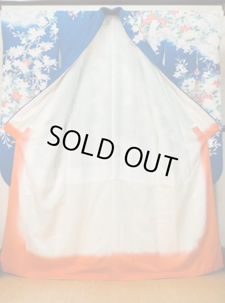 画像3: M0328I  振袖 女性用着物 山車柄 シルク（正絹）   青, 桜 【中古】 【USED】 【リサイクル】 ★★☆☆☆ (3)