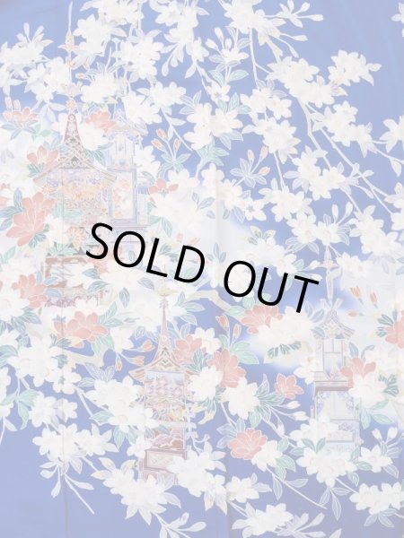 画像5: M0328I  振袖 女性用着物 山車柄 シルク（正絹）   青, 桜 【中古】 【USED】 【リサイクル】 ★★☆☆☆ (5)