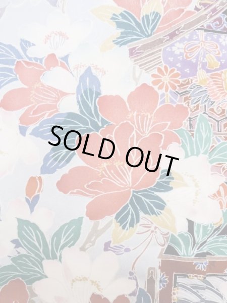 画像9: M0328I  振袖 女性用着物 山車柄 シルク（正絹）   青, 桜 【中古】 【USED】 【リサイクル】 ★★☆☆☆ (9)