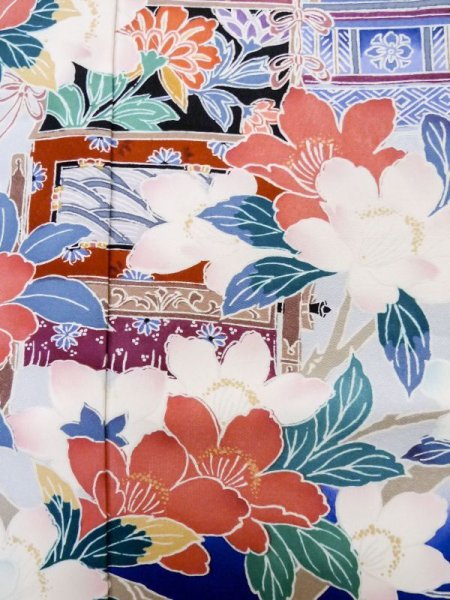 画像10: M0328I  振袖 女性用着物 山車柄 シルク(正絹)   青, 桜 【中古】 【USED】 【リサイクル】 ★★☆☆☆ (10)