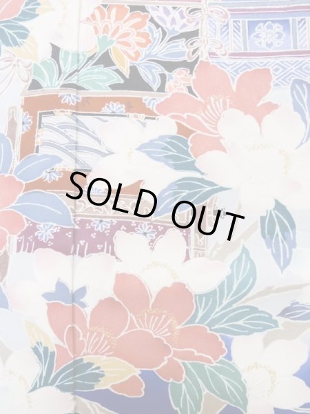 画像10: M0328I  振袖 女性用着物 山車柄 シルク（正絹）   青, 桜 【中古】 【USED】 【リサイクル】 ★★☆☆☆ (10)