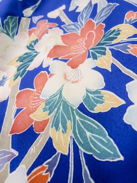 画像13: M0328I  振袖 女性用着物 山車柄 シルク(正絹)   青, 桜 【中古】 【USED】 【リサイクル】 ★★☆☆☆ (13)