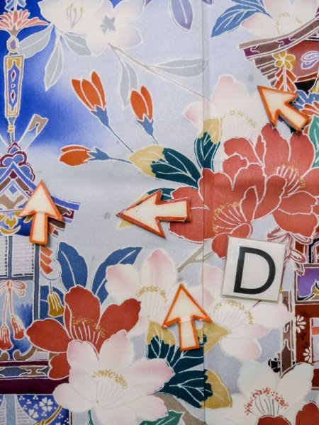 画像23: M0328I  振袖 女性用着物 山車柄 シルク(正絹)   青, 桜 【中古】 【USED】 【リサイクル】 ★★☆☆☆ (23)